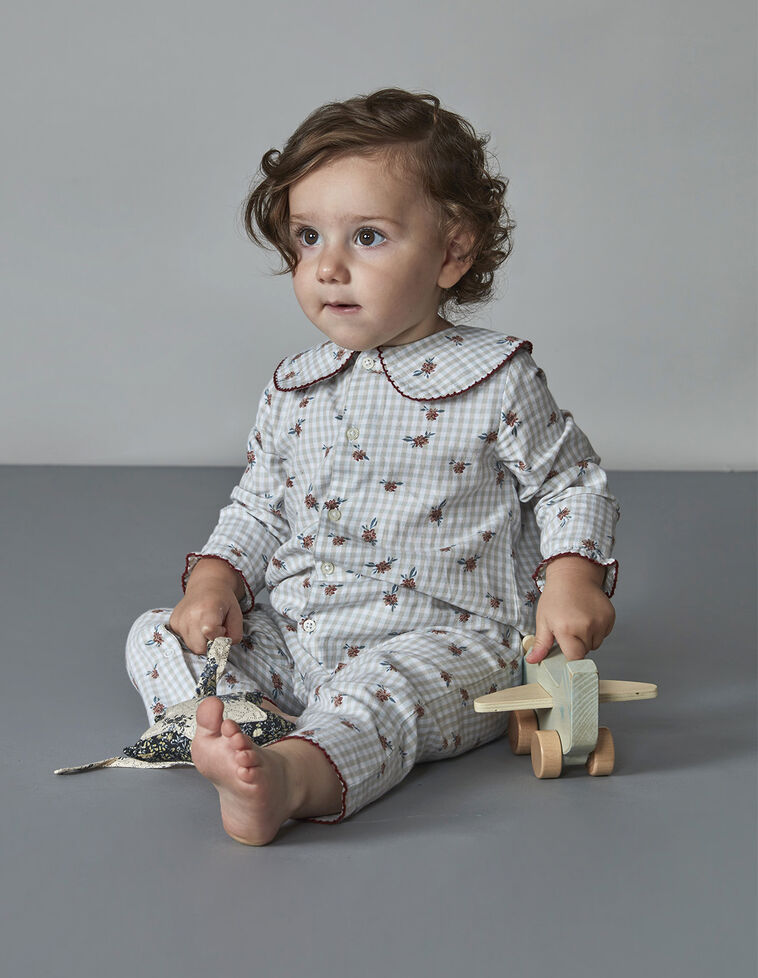 Pijama De Mini Xadrez Com Vivos A Contrastar Azul Novo 