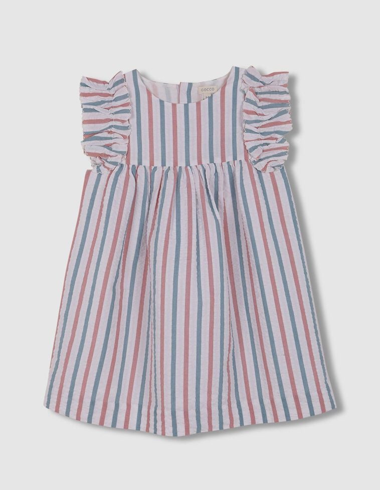Vestido de riscas com folhos nas mangas azul claro