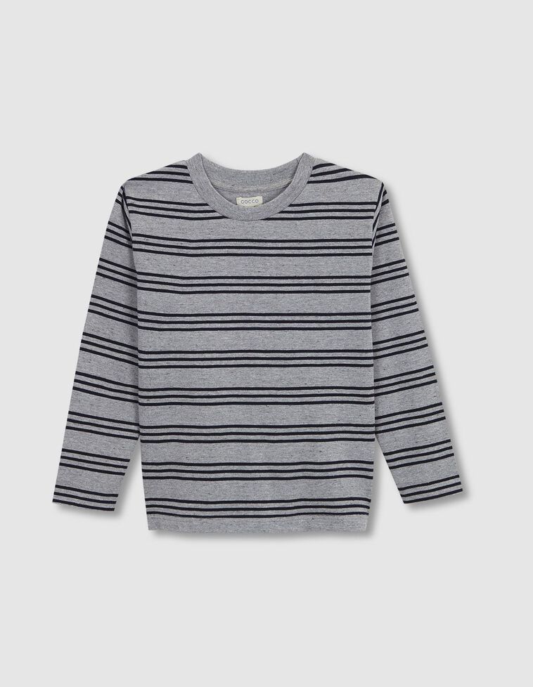 T-shirt cinza c/ riscas azuis