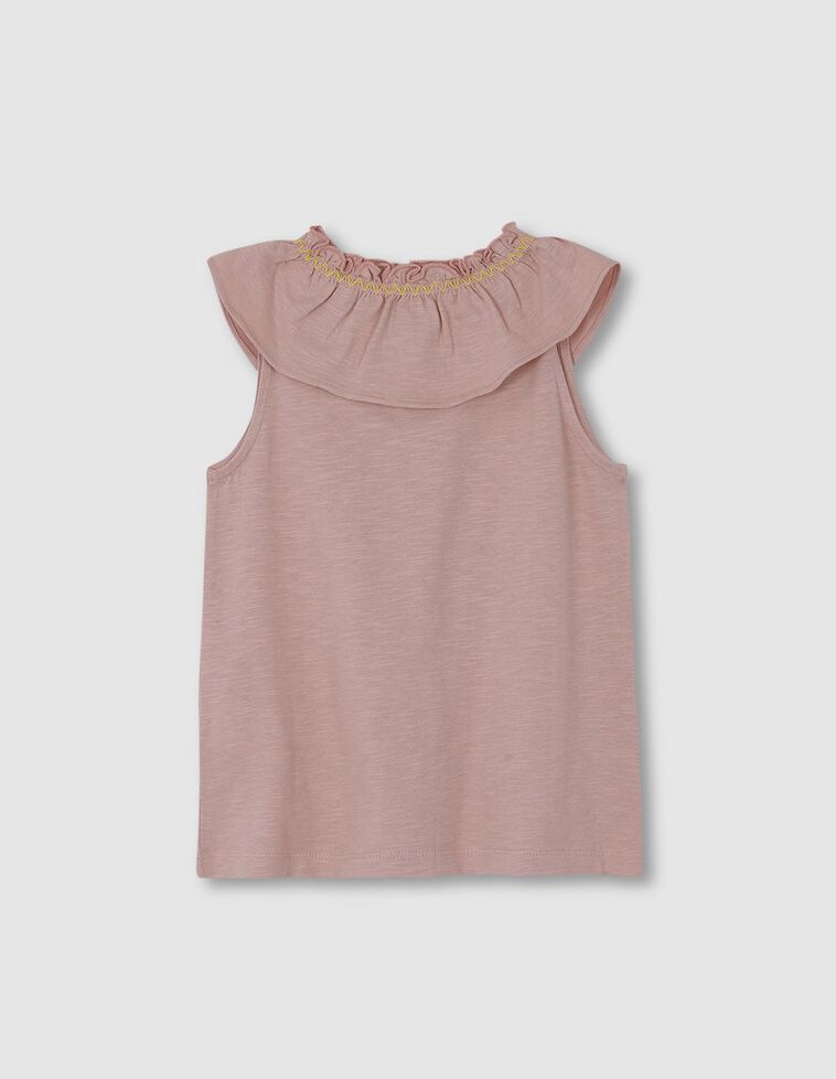 T-shirt com folho na gola e bordado cor de rosa velho