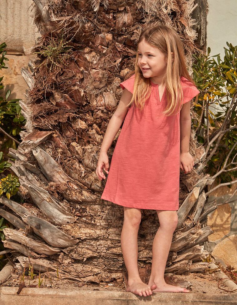 Vestito in jersey  a balze con maniche color corallo 