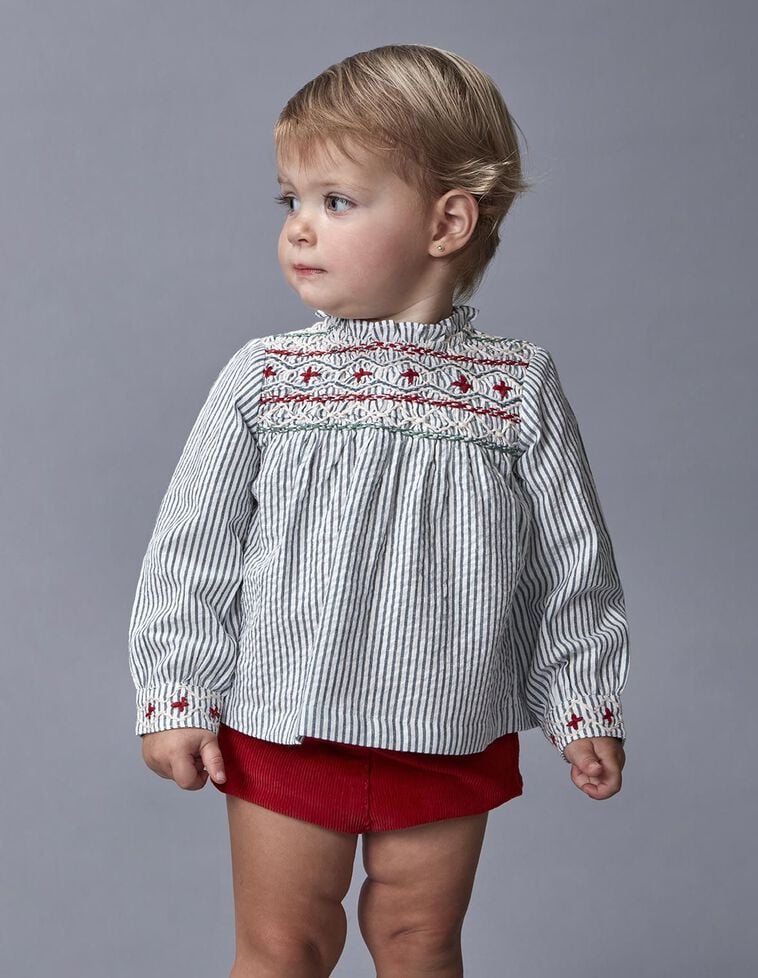 Blouse à nid d'abeille fait main bleu clair