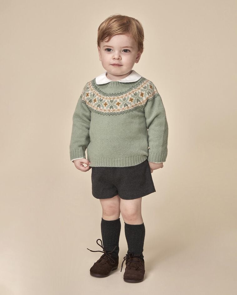 Camisola verde com jacquard na gola beb&eacute;