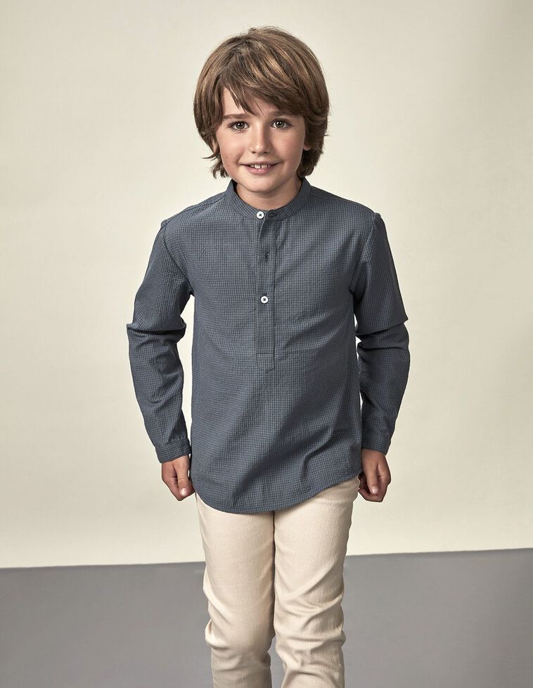 Camicia Mao Quadri Vichy Seersucker Petrolio