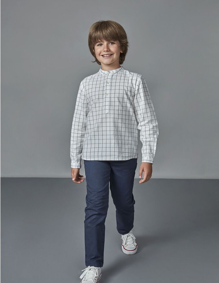 Camicia Mao Quadri Blu Ecru