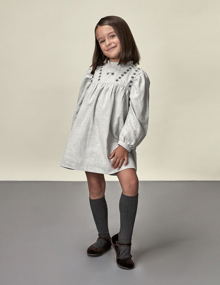 Vestito Manica Lunga Con Ricami Sul Corpetto Grigio Medio Melange