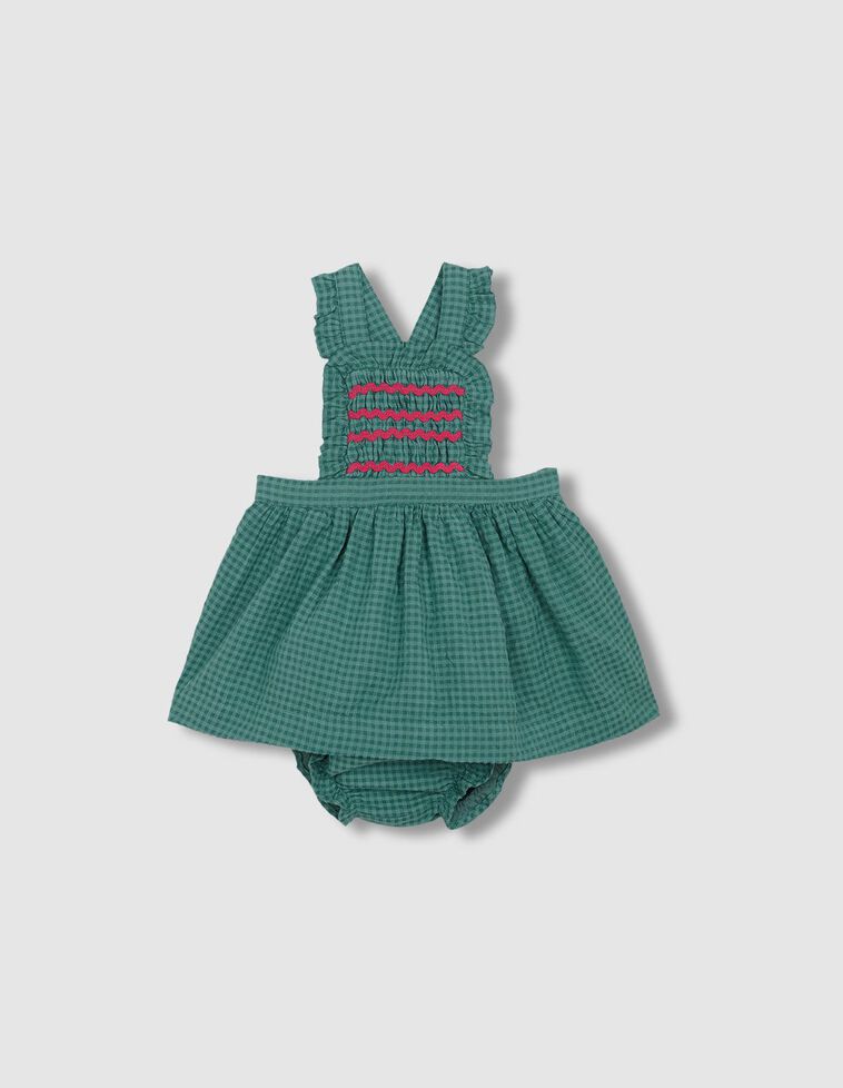 Vestido sem mangas xadrez vichy com smock verde