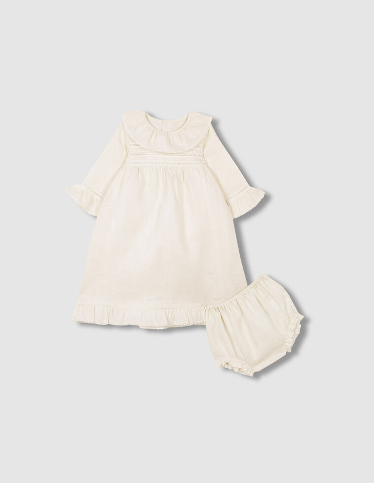 Gonna in lino con bretelle ricamate color bianco sporco