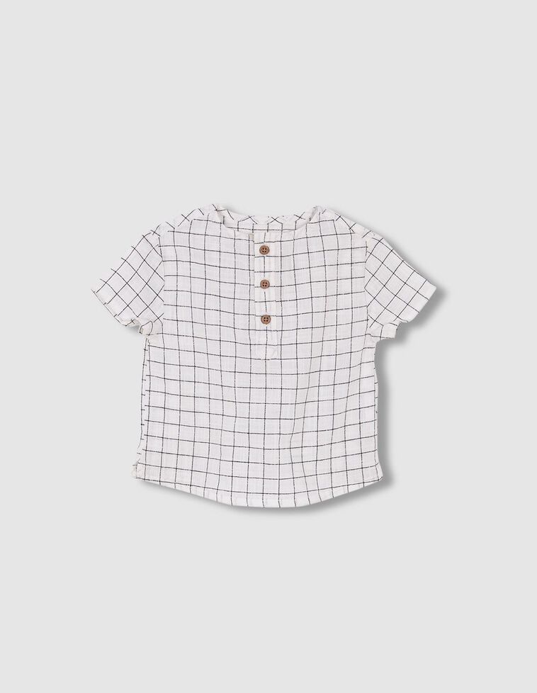 Camisa com padrão de xadrez rústico nas cores esbranquiçada e cinza