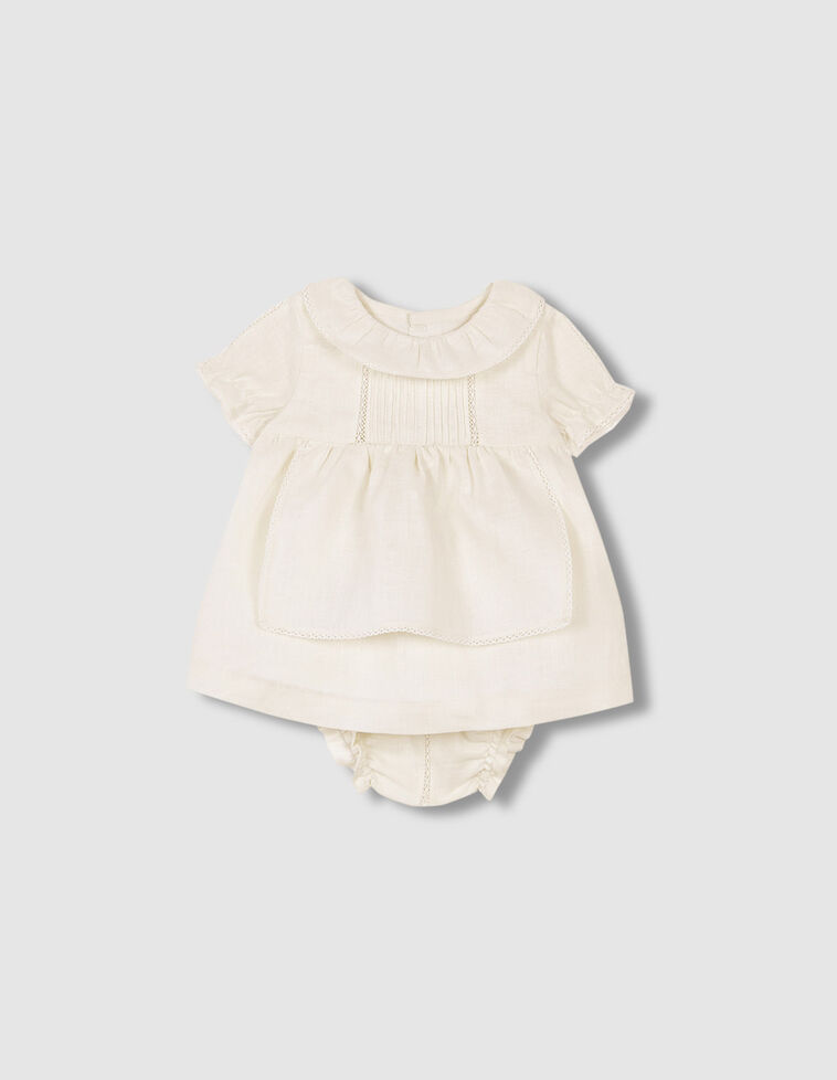 Vestito in lino con strisce ricamate color bianco sporco