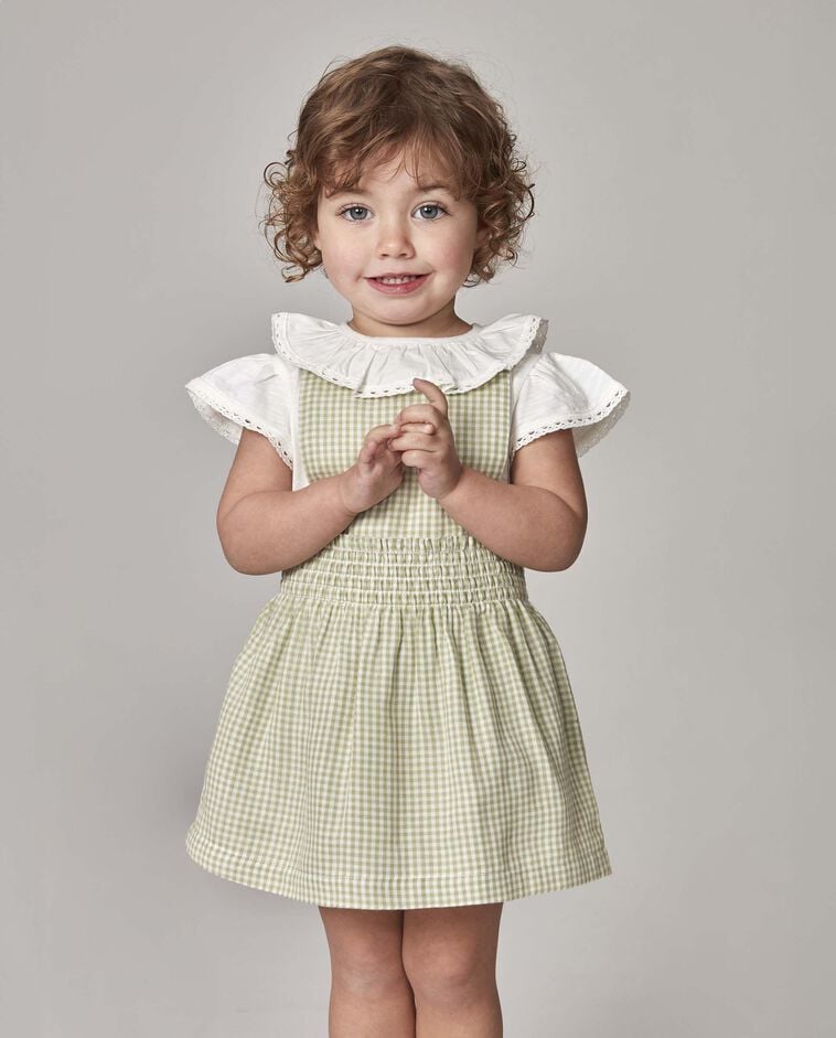 Robe chasuble &agrave; carreaux vichy blanche
