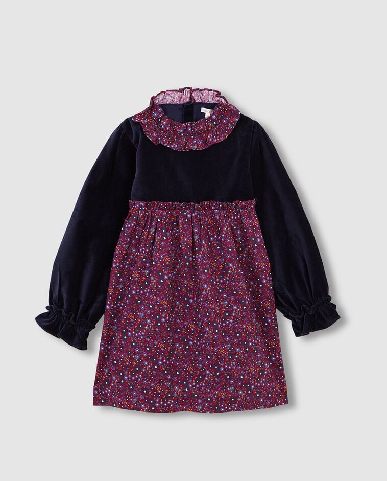 Vestido azul de veludo e estampado menina