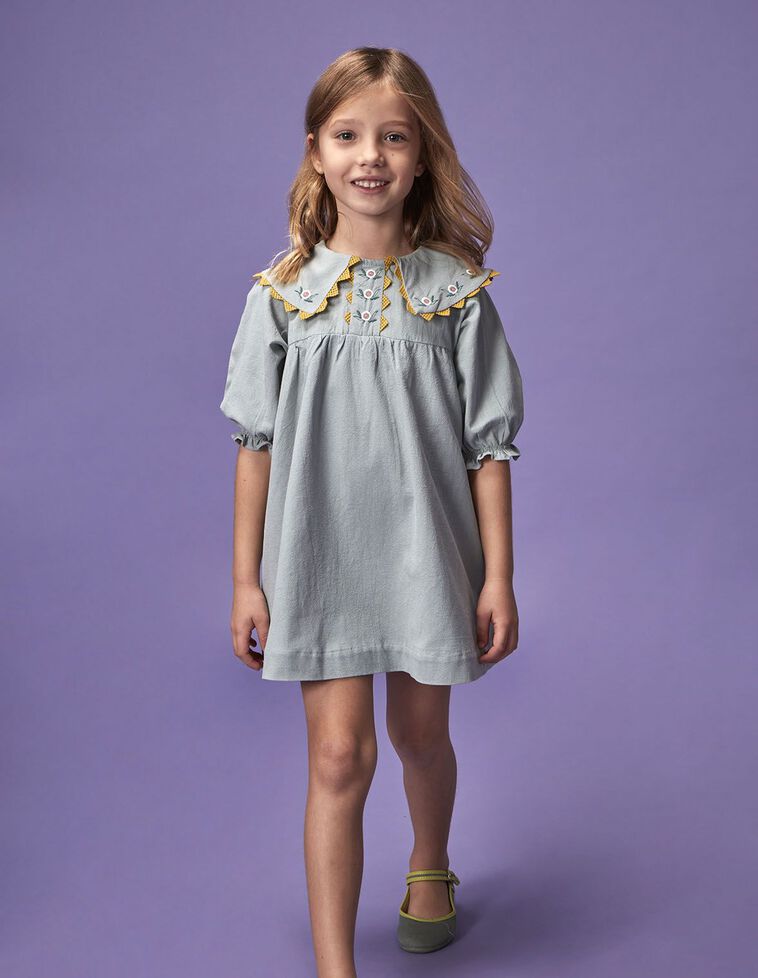 Robe col V brodée bleue