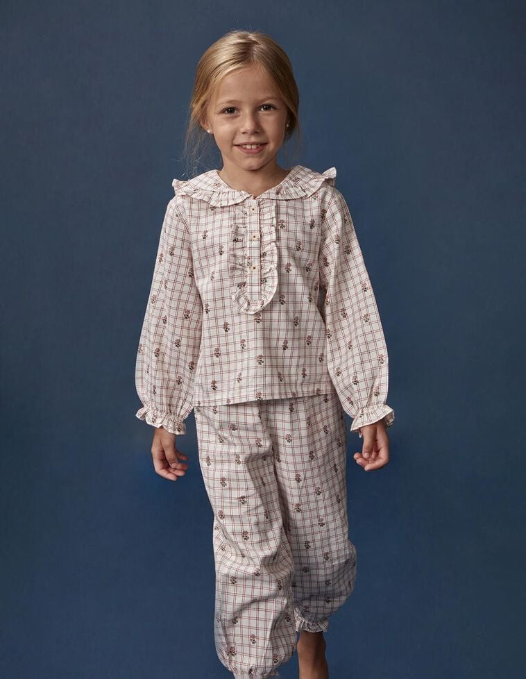 Pyjama imprimé carreaux et fleurs blanc