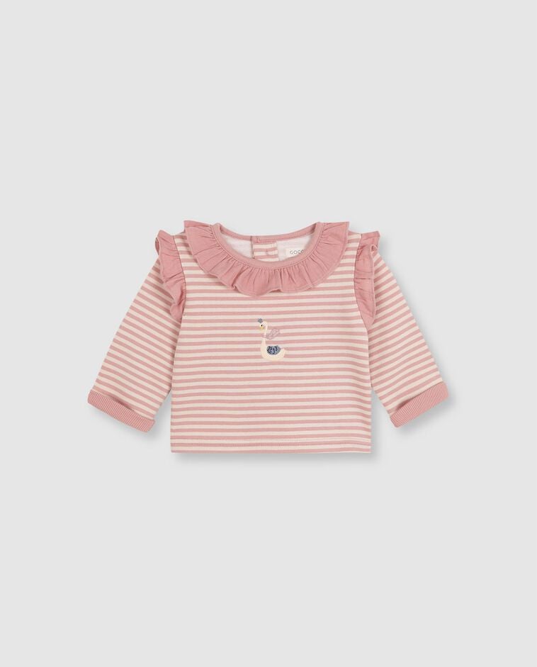 Sweatshirt rosa &agrave;s riscas com estampado beb&eacute;