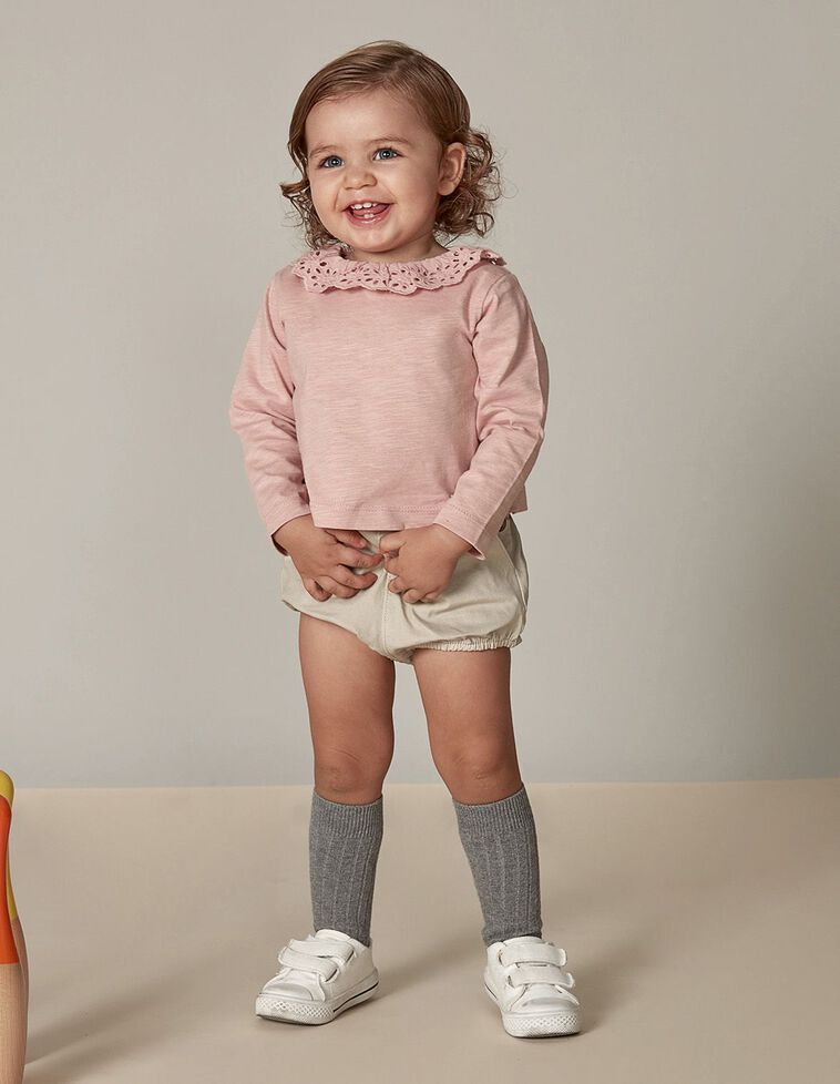 Maglietta Con Collo In Popeline Con Ricami Rosa Chiaro