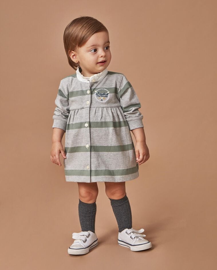 Vestido polo cinzento &agrave;s riscas com bordado beb&eacute;