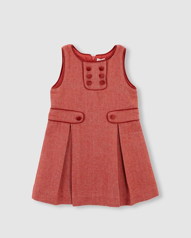 Oranges Fischgr&auml;t Kleid im Latzhosenstil mit Samtdetails M&auml;dchen