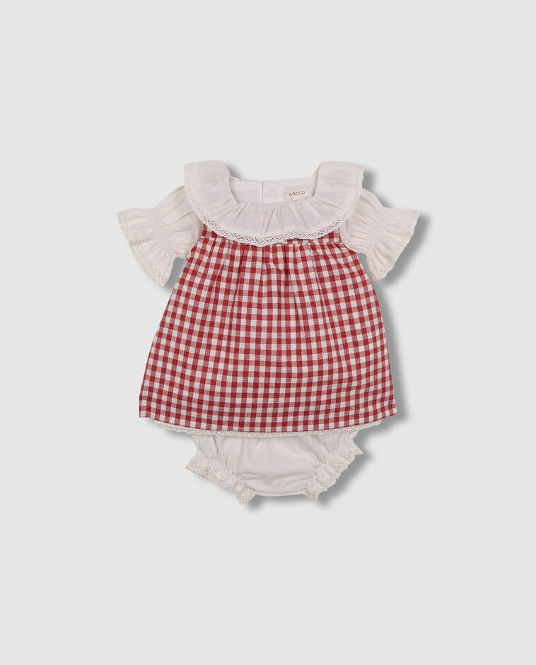 Robe en lin &eacute;cru avec tablier &agrave; carreaux blancs