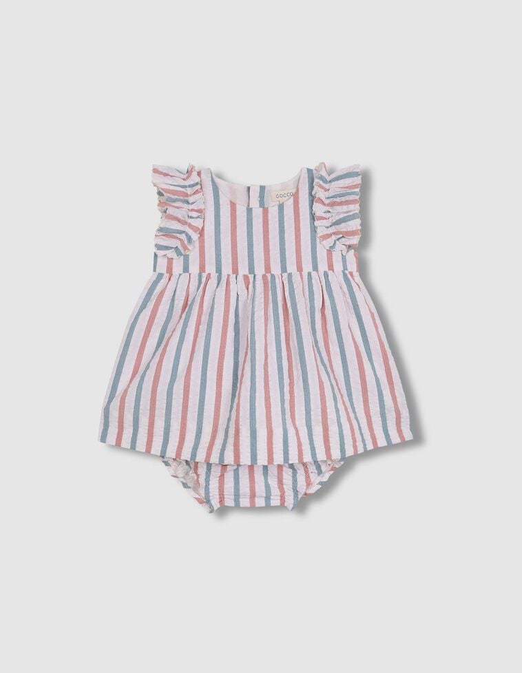 Vestido de riscas com folhos nas mangas azul claro