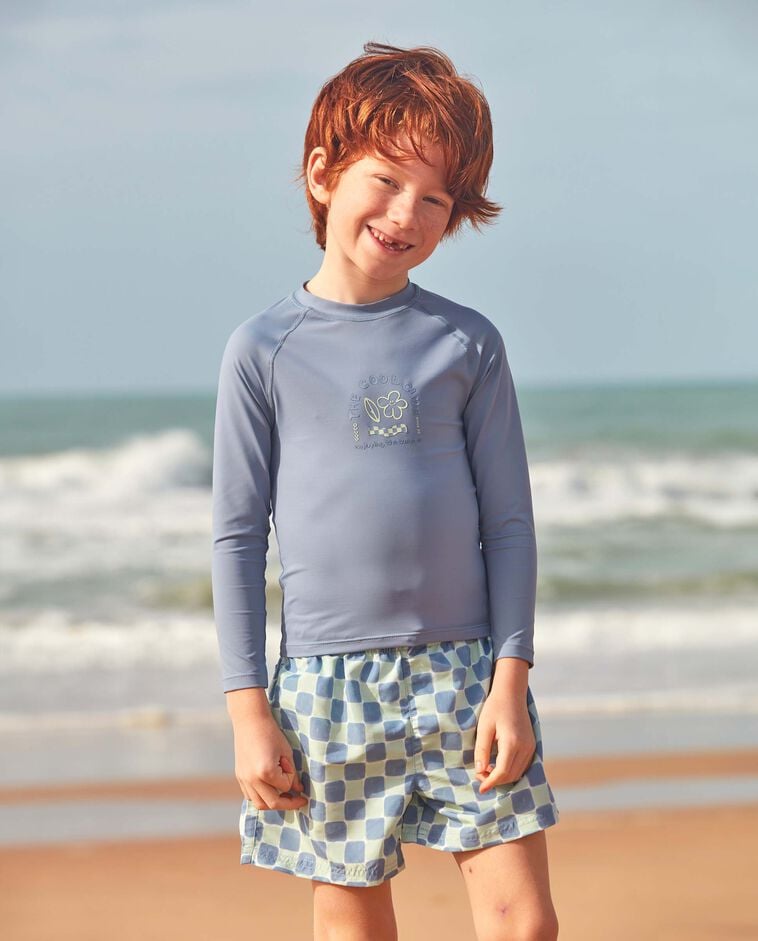 Sonnenschutz-T-Shirt mit Retro-Blumenmuster in Blau