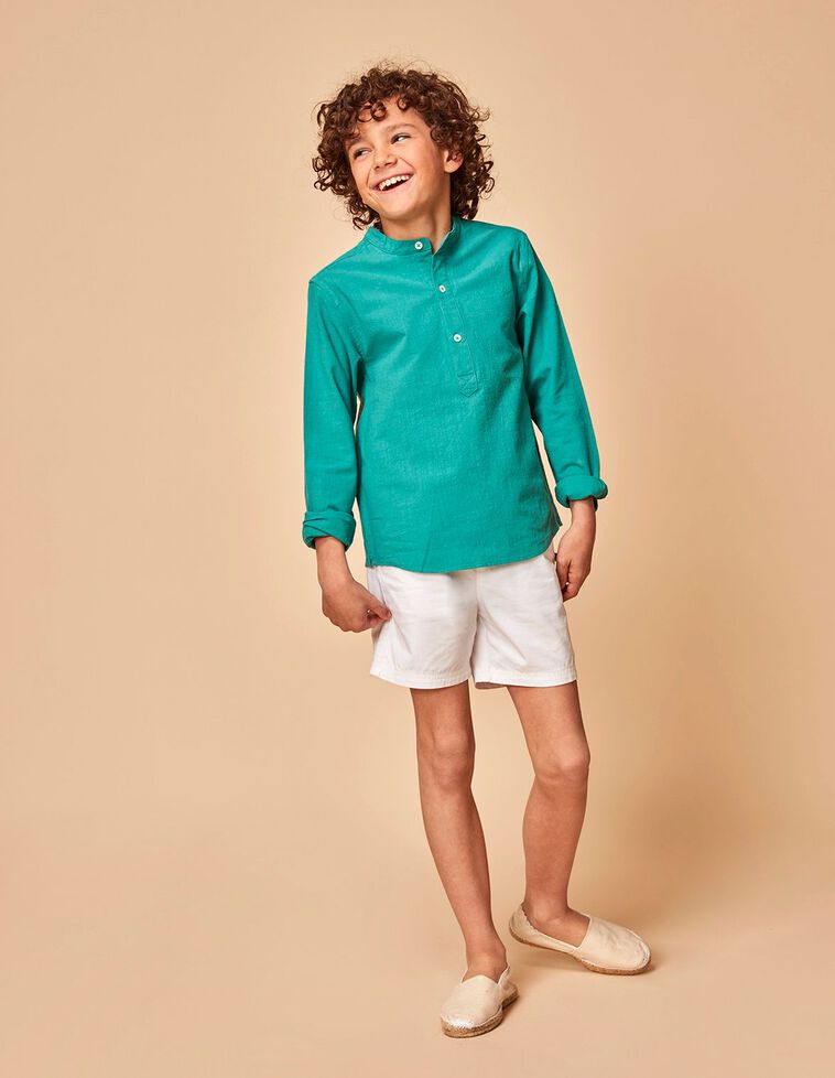 Camisa com gola mandarim de linho  verde brilhante