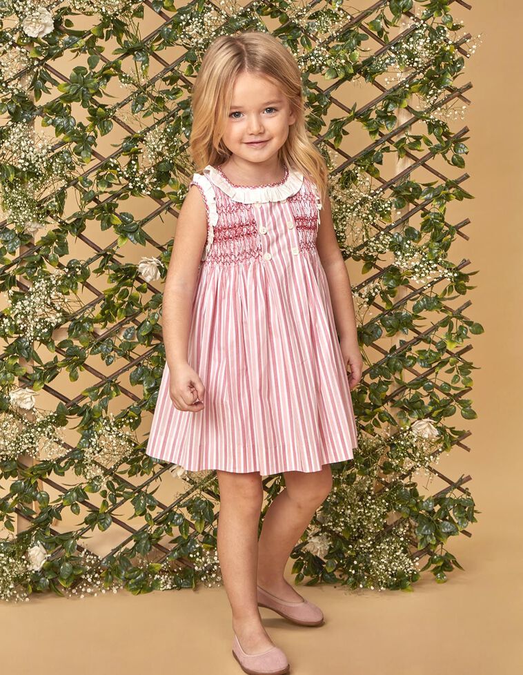 Robe rayée nid d'abeille et volant rose