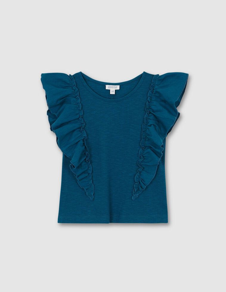 T-shirt com gola e folhos em malha  petróleo