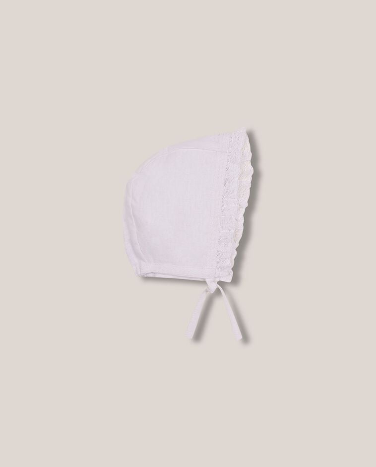 Cuffia in lino con volant bianco