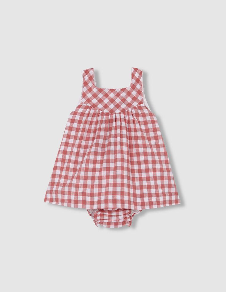 Vestido com padrão de xadrez vichy  morango
