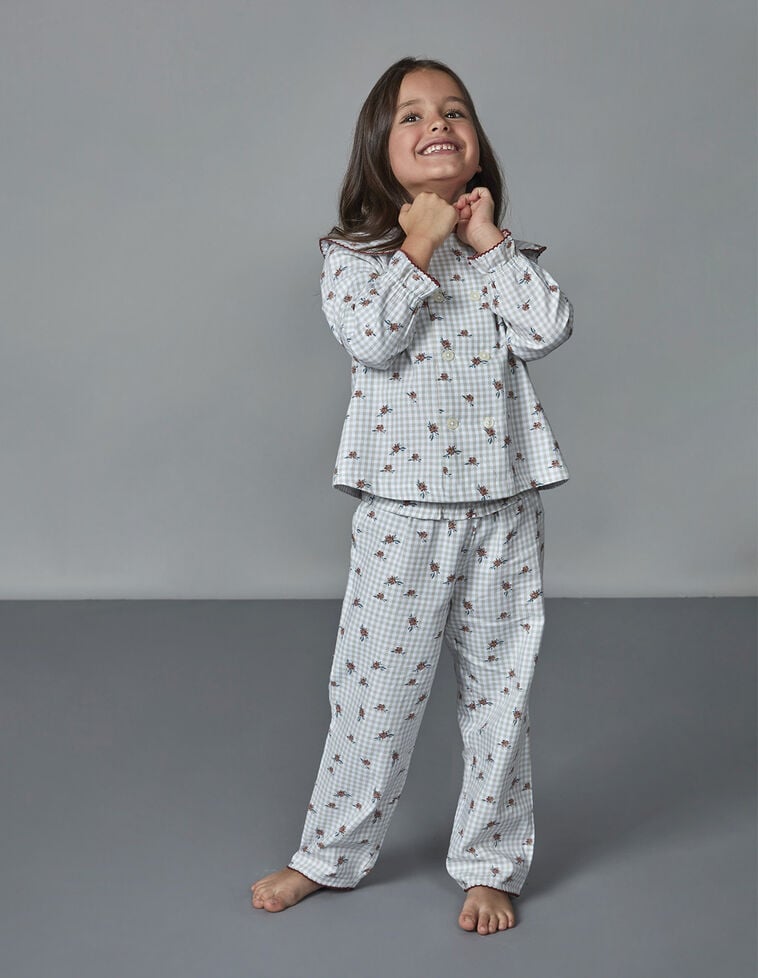 Pyjama Mini Carreaux Avec Imprim&eacute; De Fleurs Bleu Nouveau 
