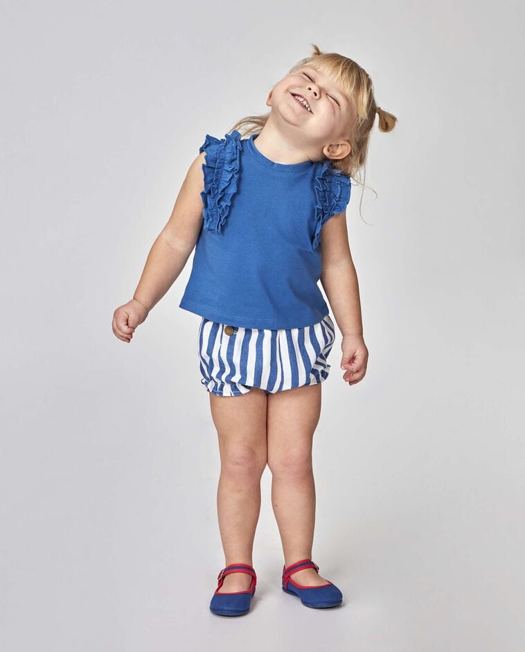 T-shirt &agrave; triple volant bleu