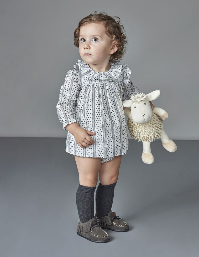 Vestido Estampado Com Folho Na Gola E Cava Cru
