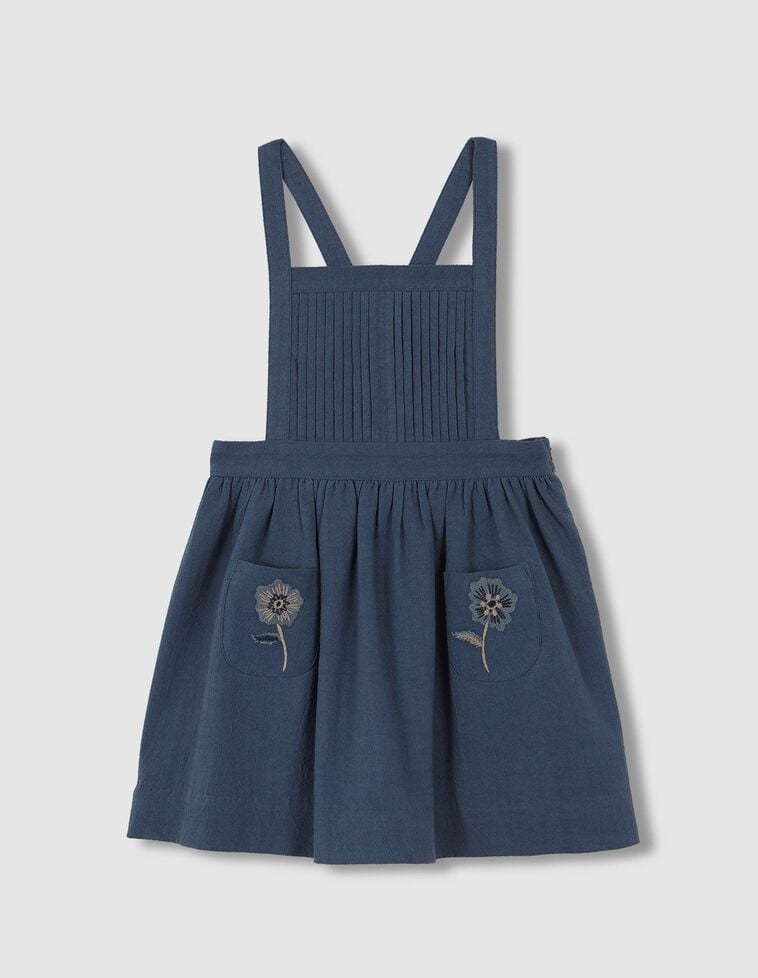 Vestido jardineira com fitas e bolsos bordados verde-petróleo