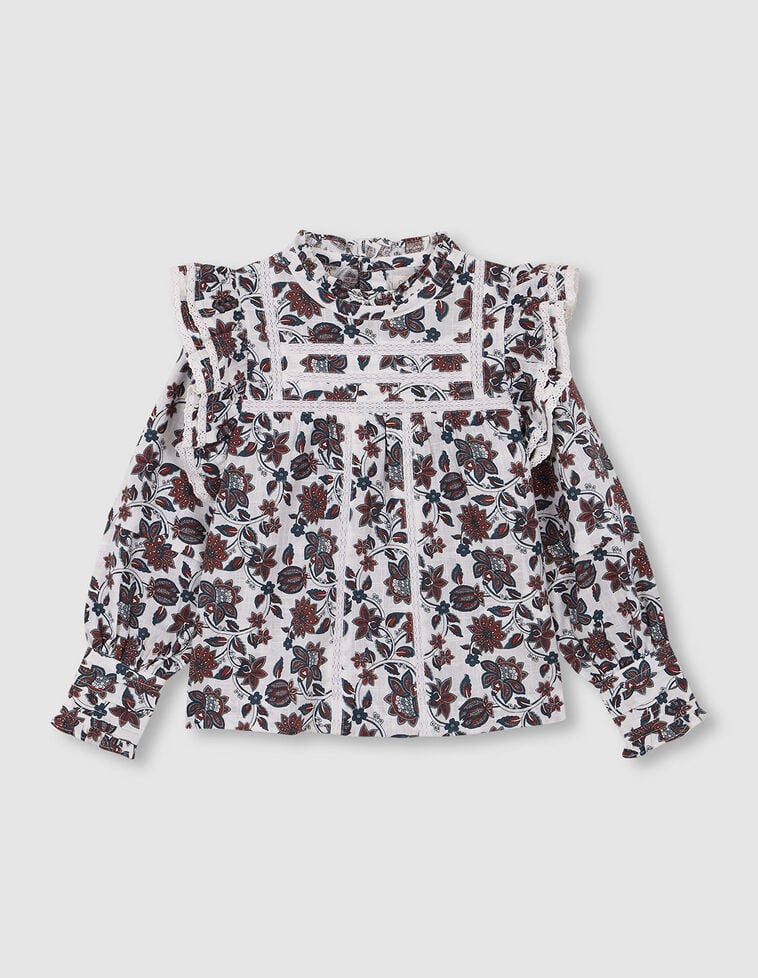 Blouse à fleurs à volants et bandes brodées blanc