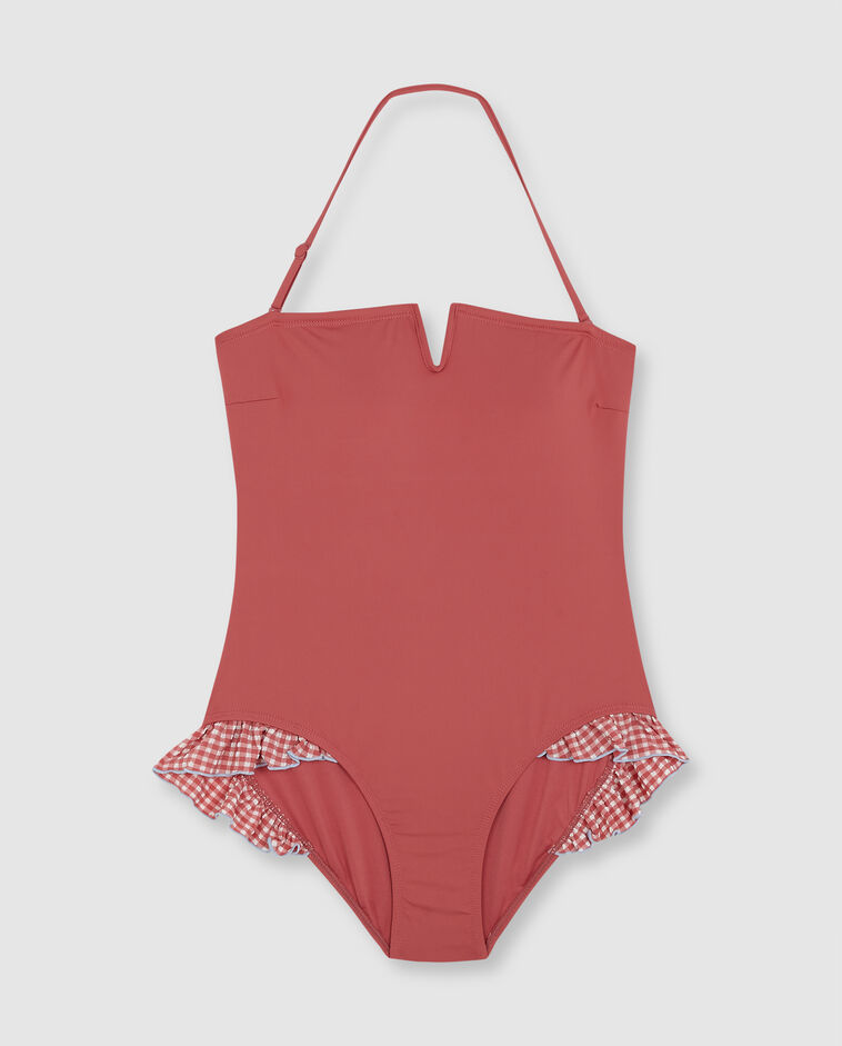 Maillot de bain m&egrave;re bustier avec volant rose