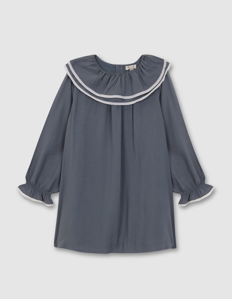 Vestido Folho Duplo Com Fitas Bordadas A Contrastar Azulado
