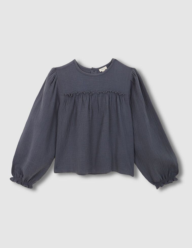 Chemise grise en mousseline à manches bouffantes et découpe sur la poitrine