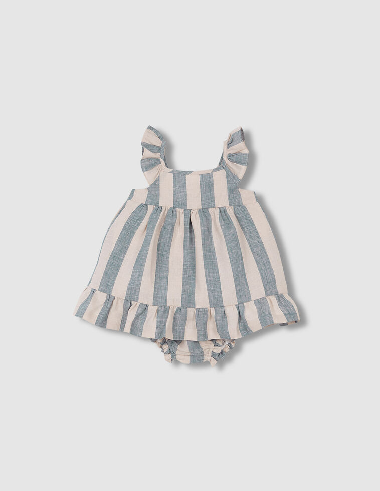 Vestido de linho com padrão de riscas nas cores azul e pedra
