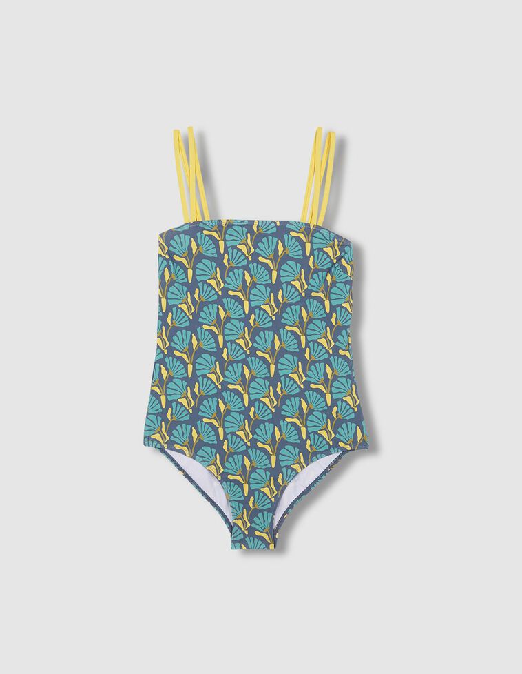 Fato de banho mãe de flores com contraste azul