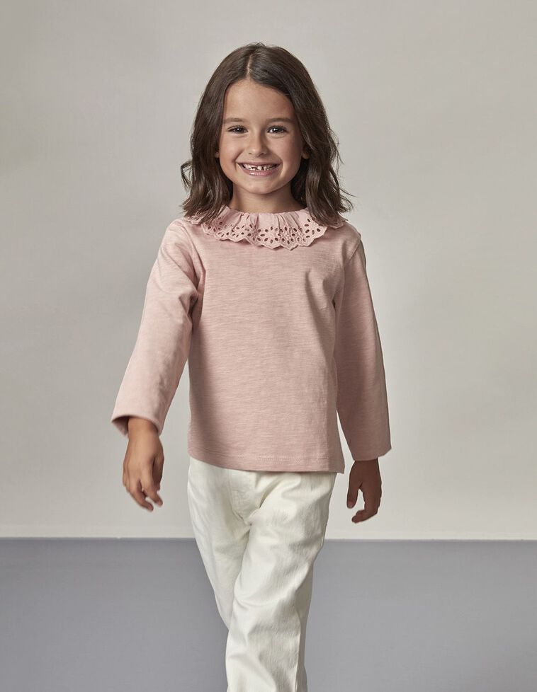 T-shirt Rosa Com Gola De Popeline Desfiada  Rosa Claro