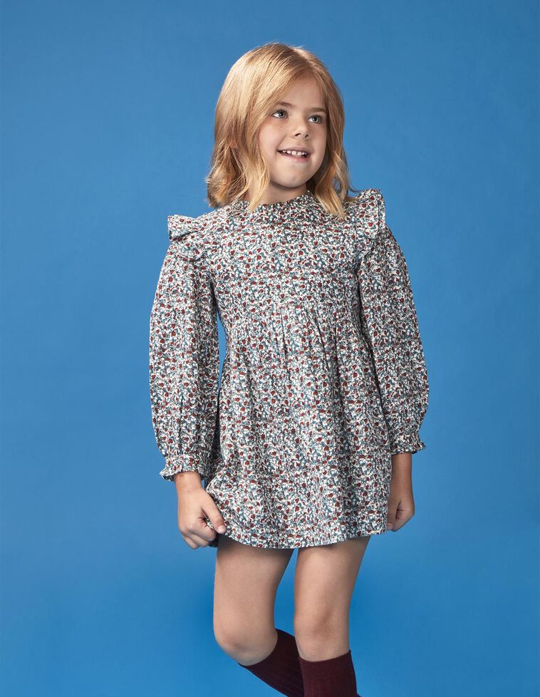 Robe imprimée à fleurs avec volants bleu clair