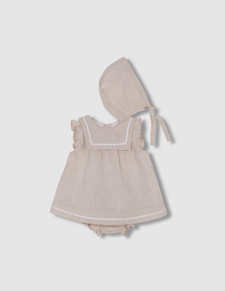 Conjunto de vestido e touca  pedra