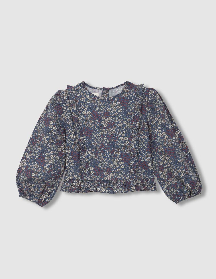 Blouse fleurie avec bandes froncées bleue