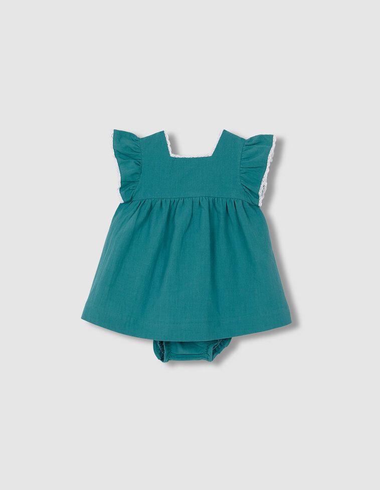 Vestido verde com fita bordada a contrastar  branca