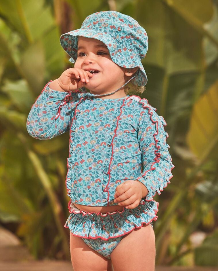 T-shirt de banho azul  com prote&ccedil;&atilde;o solar estampado flores