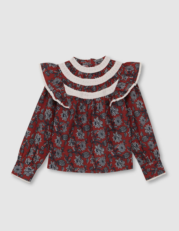 Blusa floral com folhos e tiras bordadas granada Blusa floral com folhos e tiras bordadas granada