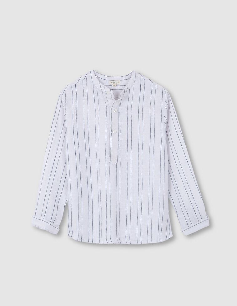 Camisa com gola mandarim com padrão de riscas  cinza azulada