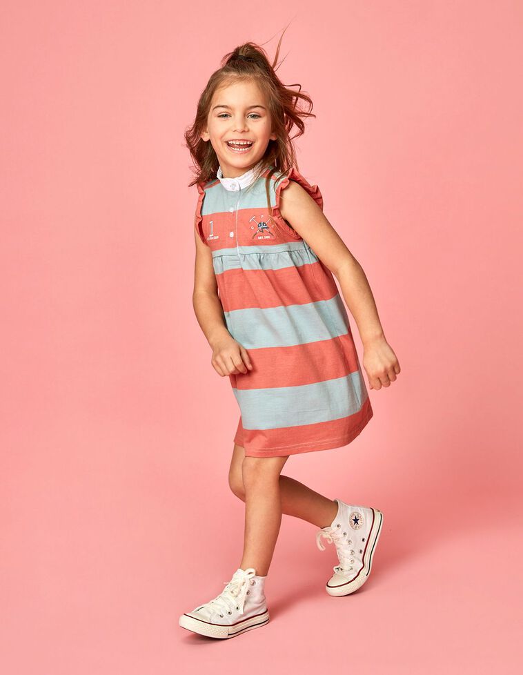 Vestido estilo pólo com padrão de riscas  coral