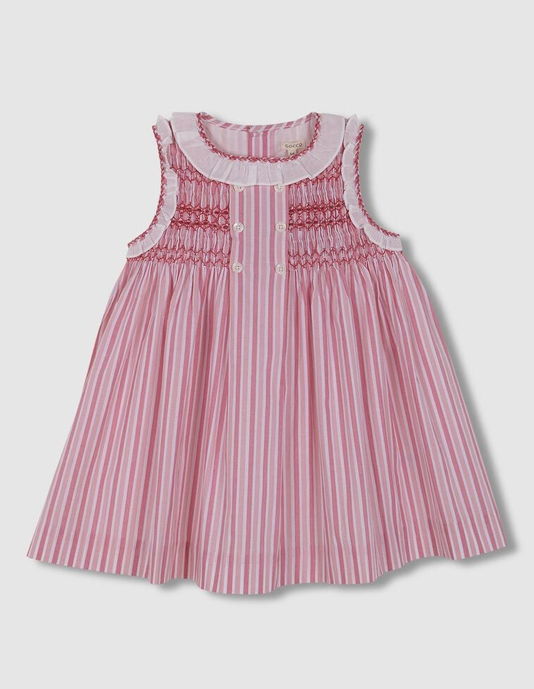 Robe rayée nid d'abeille et volant rose